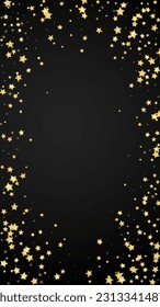 Magic stars vector overlay.  Gold stars scattered around randomly, falling down, floating.  Chaotic dreamy childish overlay template. Miraculous starry night vector  on black background.