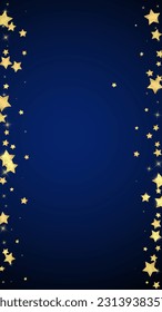 Magic stars vector overlay.  Gold stars scattered around randomly, falling down, floating.  Chaotic dreamy childish overlay template. Vector magic overlay  on dark blue background.