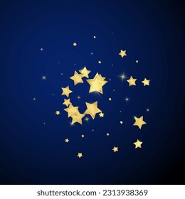 Magic stars vector overlay.  Gold stars scattered around randomly, falling down, floating.  Chaotic dreamy childish overlay template. Vector fairytale  on dark blue background.
