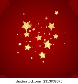 Magic stars vector overlay.  Gold stars scattered around randomly, falling down, floating.  Chaotic dreamy childish overlay template. Vector fairytale  on red background.