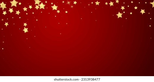 Magic stars vector overlay.  Gold stars scattered around randomly, falling down, floating.  Chaotic dreamy childish overlay template. Vector magic overlay  on red background.