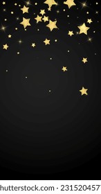Magic stars vector overlay.  Gold stars scattered around randomly, falling down, floating.  Chaotic dreamy childish overlay template. on black background.