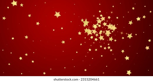 Magic stars vector overlay.  Gold stars scattered around randomly, falling down, floating.  Chaotic dreamy childish overlay template. Vector magic overlay  on red background.