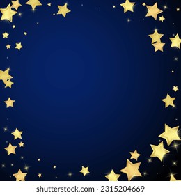 Magic stars vector overlay.  Gold stars scattered around randomly, falling down, floating.  Chaotic dreamy childish overlay template. on dark blue background.