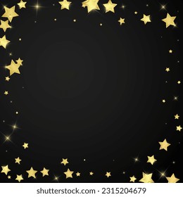 Magic stars vector overlay.  Gold stars scattered around randomly, falling down, floating.  Chaotic dreamy childish overlay template. Vector fairytale  on black background.
