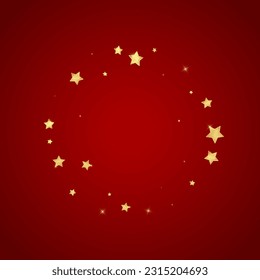 Magic stars vector overlay.  Gold stars scattered around randomly, falling down, floating.  Chaotic dreamy childish overlay template. on red background.