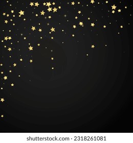 Magic stars vector overlay.  Gold stars scattered around randomly, falling down, floating.  Chaotic dreamy childish overlay template. Magical cartoon night sky on black background.