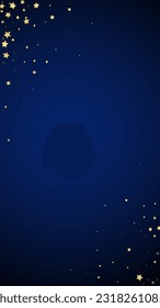 Magic stars vector overlay.  Gold stars scattered around randomly, falling down, floating.  Chaotic dreamy childish overlay template. Enchanting vector with magic stars on dark blue background.