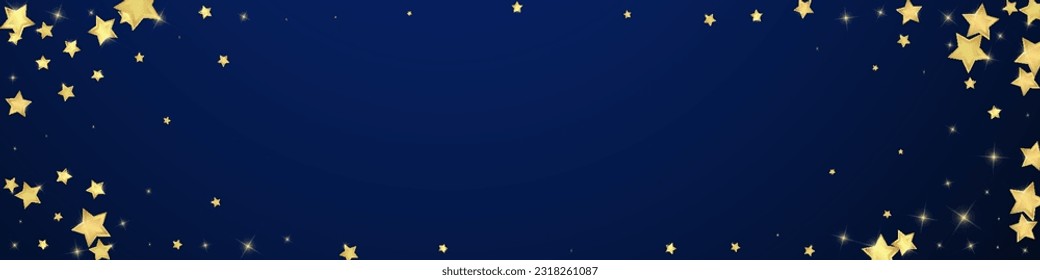 Magic stars vector overlay.  Gold stars scattered around randomly, falling down, floating.  Chaotic dreamy childish overlay template. Magical cartoon night sky on dark blue background.