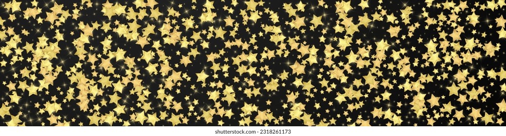 Superposición vectorial de las estrellas mágicas.  Estrellas de oro dispersas al azar, cayendo, flotando.  Una plantilla de superposición infantil de ensueño caótico. Superposición mágica vectorial sobre fondo negro.