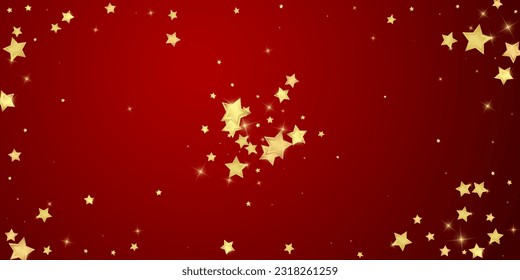 Magic stars vector overlay.  Gold stars scattered around randomly, falling down, floating.  Chaotic dreamy childish overlay template. Miraculous starry night vector  on red background.