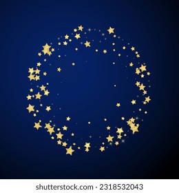 Superposición vectorial de las estrellas mágicas.  Estrellas de oro dispersas al azar, cayendo, flotando.  Una plantilla de superposición infantil de ensueño caótico. sobre fondo azul oscuro.