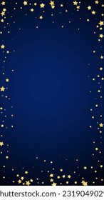 Magic stars vector overlay.  Gold stars scattered around randomly, falling down, floating.  Chaotic dreamy childish overlay template. Miraculous starry night vector  on dark blue background.