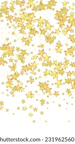 Superposición vectorial de las estrellas mágicas.  Estrellas de oro dispersas al azar, cayendo, flotando.  Una plantilla de superposición infantil de ensueño caótico. Cielo nocturno de caricatura mágica sobre fondo blanco.