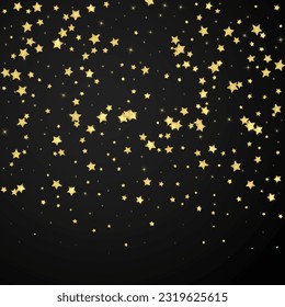 Magic stars vector overlay.  Gold stars scattered around randomly, falling down, floating.  Chaotic dreamy childish overlay template. Vector fairytale  on black background.