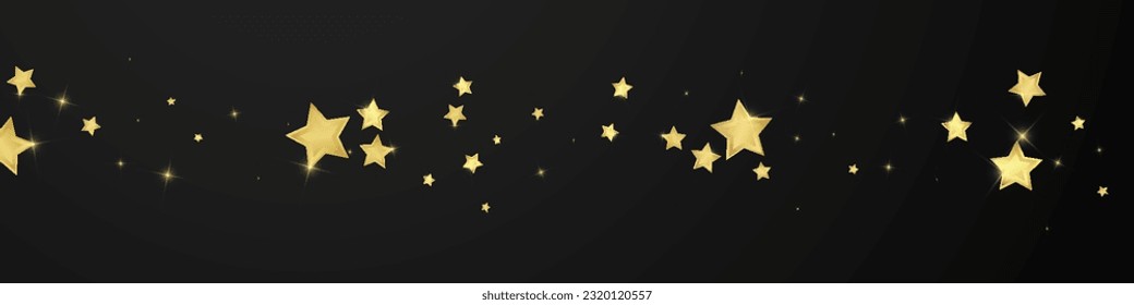 Superposición vectorial de las estrellas mágicas.  Estrellas de oro dispersas al azar, cayendo, flotando.  Una plantilla de superposición infantil de ensueño caótico. Un cuento de hadas vectorial sobre fondo negro.