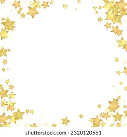 Superposición vectorial de las estrellas mágicas.  Estrellas de oro dispersas al azar, cayendo, flotando.  Una plantilla de superposición infantil de ensueño caótico. Cielo nocturno de caricatura mágica sobre fondo blanco.
