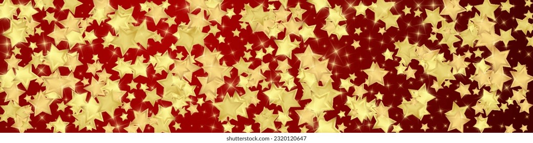 Superposición vectorial de las estrellas mágicas.  Estrellas de oro dispersas al azar, cayendo, flotando.  Una plantilla de superposición infantil de ensueño caótico. Cielo nocturno de caricatura mágica sobre fondo rojo.
