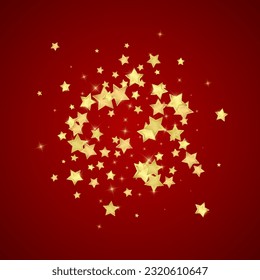 Magic stars vector overlay. Gold stars scattered around randomly, falling down, floating. Chaotic dreamy childish overlay template. Miraculous starry night vector on red background.