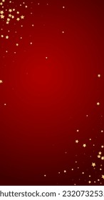 Magic stars vector overlay.  Gold stars scattered around randomly, falling down, floating.  Chaotic dreamy childish overlay template. Enchanting vector with magic stars on red background.
