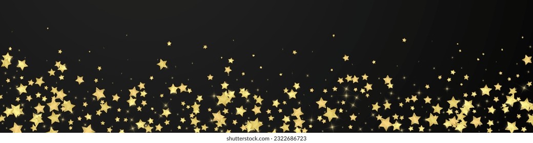 Magic stars vector overlay.  Gold stars scattered around randomly, falling down, floating.  Chaotic dreamy childish overlay template. Magical cartoon night sky on black background.