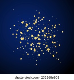 Magic stars vector overlay.  Gold stars scattered around randomly, falling down, floating.  Chaotic dreamy childish overlay template. on dark blue background.