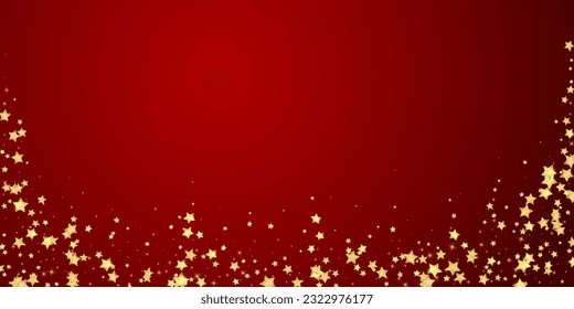 Superposición vectorial de las estrellas mágicas.  Estrellas de oro dispersas al azar, cayendo, flotando.  Una plantilla de superposición infantil de ensueño caótico. Superposición mágica vectorial sobre fondo rojo.