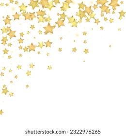 Superposición vectorial de las estrellas mágicas.  Estrellas de oro dispersas al azar, cayendo, flotando.  Una plantilla de superposición infantil de ensueño caótico. Superposición mágica vectorial sobre fondo blanco.