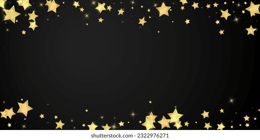 Superposición vectorial de las estrellas mágicas.  Estrellas de oro dispersas al azar, cayendo, flotando.  Una plantilla de superposición infantil de ensueño caótico. Un cuento de hadas vectorial sobre fondo negro.
