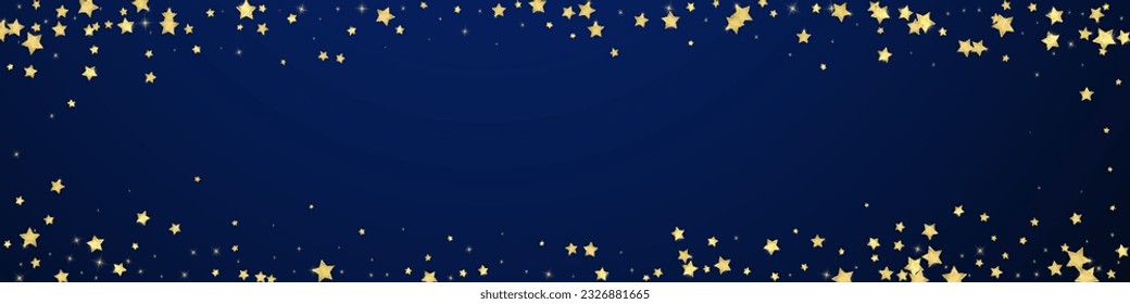 Magic stars vector overlay.  Gold stars scattered around randomly, falling down, floating.  Chaotic dreamy childish overlay template. on dark blue background.