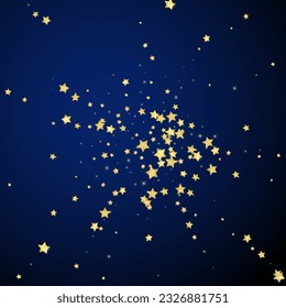 Magic stars vector overlay.  Gold stars scattered around randomly, falling down, floating.  Chaotic dreamy childish overlay template. Miraculous starry night vector  on dark blue background.
