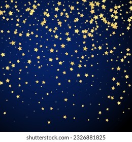 Magic stars vector overlay.  Gold stars scattered around randomly, falling down, floating.  Chaotic dreamy childish overlay template. Vector fairytale  on dark blue background.