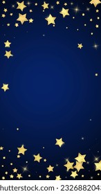 Magic stars vector overlay.  Gold stars scattered around randomly, falling down, floating.  Chaotic dreamy childish overlay template. on dark blue background.