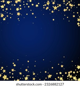 Superposición vectorial de las estrellas mágicas.  Estrellas de oro dispersas al azar, cayendo, flotando.  Una plantilla de superposición infantil de ensueño caótico. Vector nocturno milagroso estrellado sobre fondo azul oscuro.