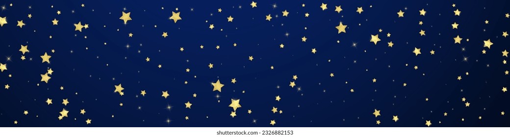 Superposición vectorial de las estrellas mágicas.  Estrellas de oro dispersas al azar, cayendo, flotando.  Una plantilla de superposición infantil de ensueño caótico. Cielo nocturno de caricatura mágica sobre fondo azul oscuro.