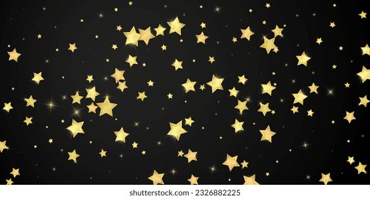 Magic stars vector overlay.  Gold stars scattered around randomly, falling down, floating.  Chaotic dreamy childish overlay template. on black background.