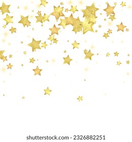 Magic stars vector overlay.  Gold stars scattered around randomly, falling down, floating.  Chaotic dreamy childish overlay template. Vector fairytale  on white background.