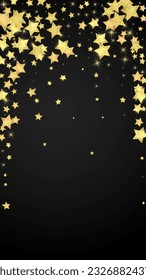 Magic stars vector overlay.  Gold stars scattered around randomly, falling down, floating.  Chaotic dreamy childish overlay template. Vector fairytale  on black background.