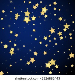 Magic stars vector overlay.  Gold stars scattered around randomly, falling down, floating.  Chaotic dreamy childish overlay template. Enchanting vector with magic stars on dark blue background.