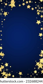 Magic stars vector overlay.  Gold stars scattered around randomly, falling down, floating.  Chaotic dreamy childish overlay template. on dark blue background.