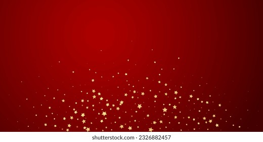 Magic stars vector overlay.  Gold stars scattered around randomly, falling down, floating.  Chaotic dreamy childish overlay template. Miraculous starry night vector  on red background.