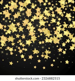 Magic stars vector overlay.  Gold stars scattered around randomly, falling down, floating.  Chaotic dreamy childish overlay template. Miraculous starry night vector  on black background.