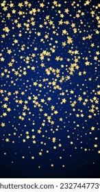 Magic stars vector overlay.  Gold stars scattered around randomly, falling down, floating.  Chaotic dreamy childish overlay template. Enchanting vector with magic stars on dark blue background.