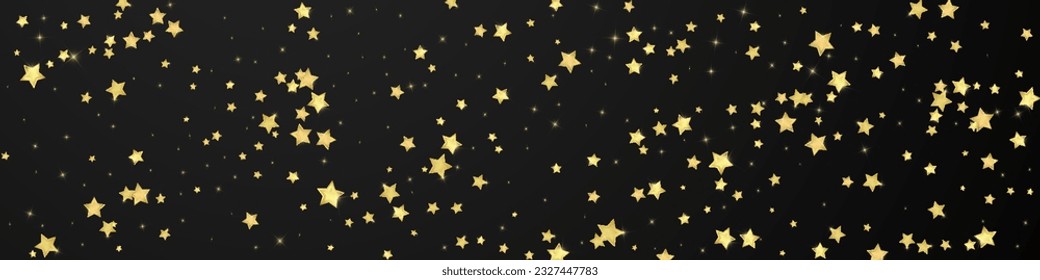 Magic stars vector overlay.  Gold stars scattered around randomly, falling down, floating.  Chaotic dreamy childish overlay template. Vector magic overlay  on black background.