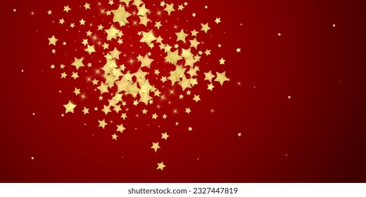 Magic stars vector overlay.  Gold stars scattered around randomly, falling down, floating.  Chaotic dreamy childish overlay template. Miraculous starry night vector  on red background.