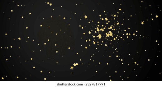 Superposición vectorial de las estrellas mágicas.  Estrellas de oro dispersas al azar, cayendo, flotando.  Una plantilla de superposición infantil de ensueño caótico. Cielo nocturno de caricatura mágica sobre fondo negro.