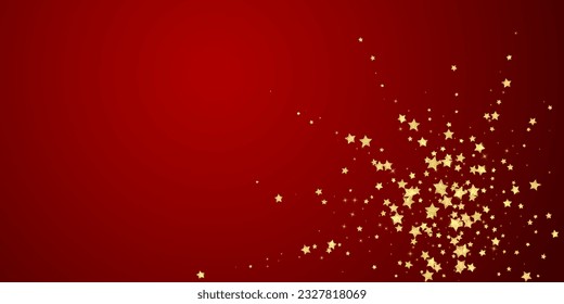 Superposición vectorial de las estrellas mágicas.  Estrellas de oro dispersas al azar, cayendo, flotando.  Una plantilla de superposición infantil de ensueño caótico. Encantador vector con estrellas mágicas sobre fondo rojo.