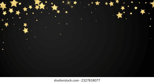 Magische Sterne, Vektorüberlagerung.  Goldsterne zerstreut nach dem Zufallsprinzip, fallend, schwebend.  Chaotische Träume kindliche Overlay-Vorlage. Magischer Cartoon-Nachthimmel auf schwarzem Hintergrund.
