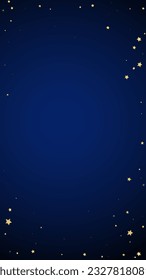 Magic stars vector overlay.  Gold stars scattered around randomly, falling down, floating.  Chaotic dreamy childish overlay template. Enchanting vector with magic stars on dark blue background.