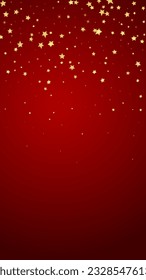 Superposición vectorial de las estrellas mágicas.  Estrellas de oro dispersas al azar, cayendo, flotando.  Una plantilla de superposición infantil de ensueño caótico. sobre fondo rojo.